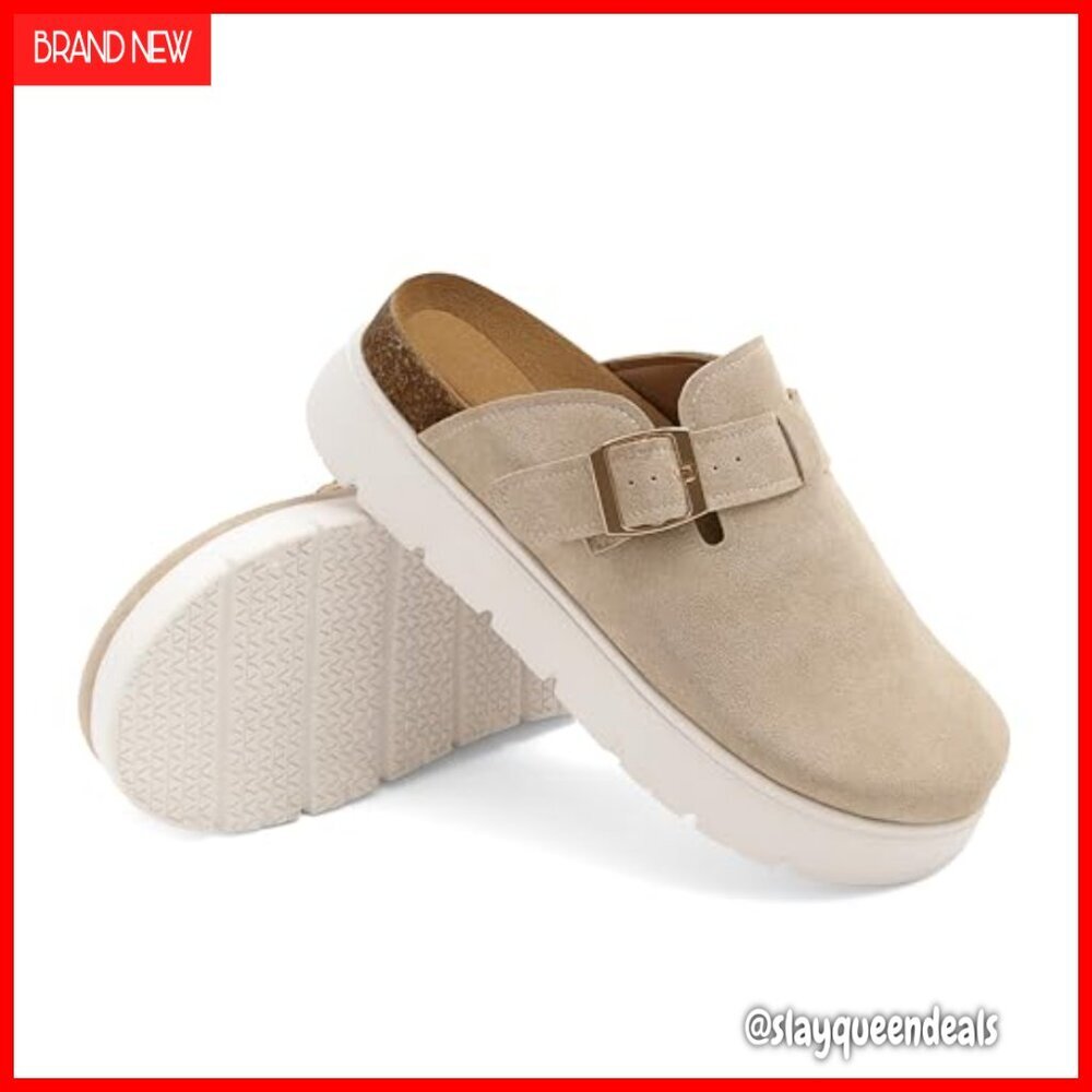 Platform Clogs Women Slip-On Cork Footbed Suede Leather Comfortable Mules - Picture 5 of 7